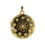 AN ANTIQUE ENAMEL AND PEARL MOURNING LOCKET of circular form, the front set at the centre with a