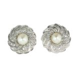 A PAIR OF PEARL AND DIAMOND EARRINGS each set at the centre with a pearl of 9.8 and 9.3mm,