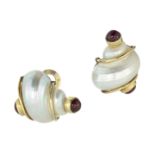 A PAIR OF RUBY AND MOTHER OF PEARL SHELL CLIP EARRINGS, SEAMAN SCHEPPS CIRCA 1970 each designed as a