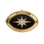 AN ANTIQUE PEARL AND ONYX HAIRWORK MOURNING BROOCH, LATE 19TH CENTURY of navette form, set with a