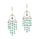 A PAIR OF SAPPHIRE AND EMERALD EARRINGS each designed with five pendants of alternating emerald
