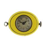 AN ANTIQUE ENAMEL POCKET WATCH of oval form, the body with yellow enamel with bands of black