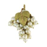 A PEARL 'GRAPES' PENDANT designed as a bunch of grapes depicted in pearls accented by leaves and