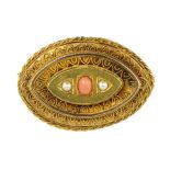 AN ANTIQUE CORAL AND PEARL MOURNING BROOCH, 19TH CENTURY in high carat yellow gold, the navette face