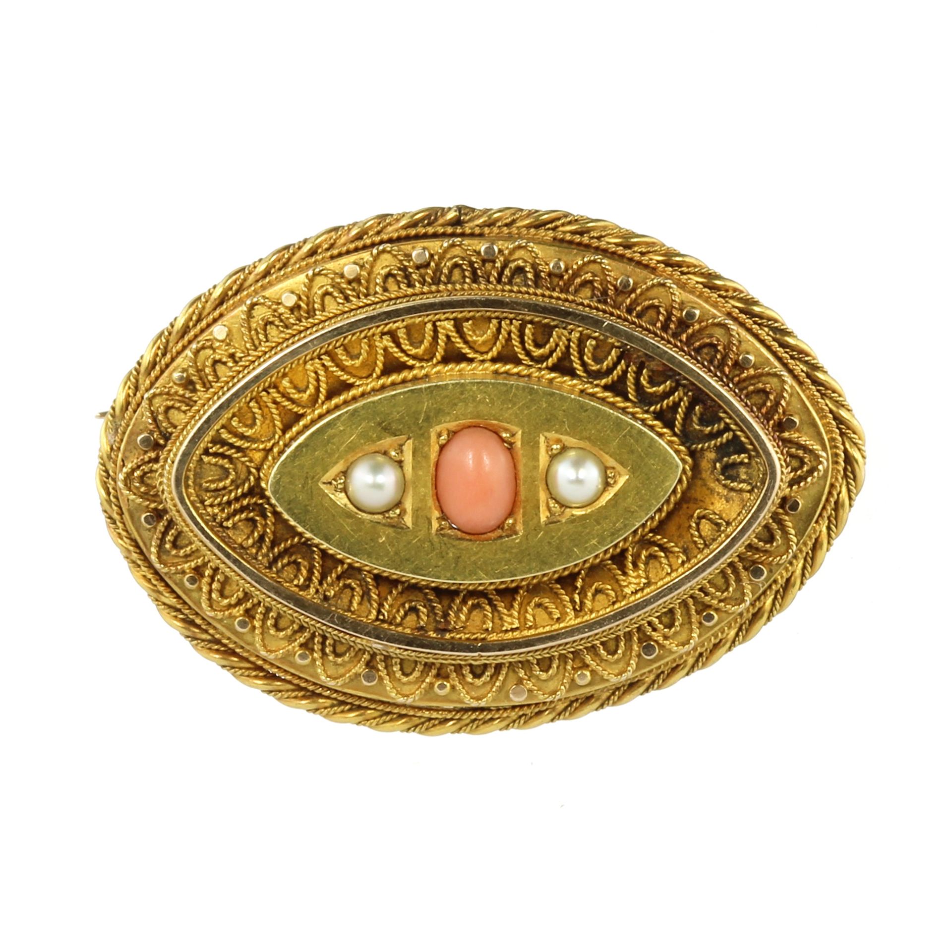 AN ANTIQUE CORAL AND PEARL MOURNING BROOCH, 19TH CENTURY in high carat yellow gold, the navette face