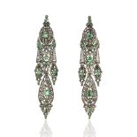 A PAIR OF ANTIQUE EMERALD AND DIAMOND EARRINGS, SPANISH CIRCA 1780 in silver, the articulated bodies
