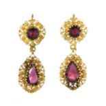 A PAIR OF ANTIQUE GARNET DROP EARRINGS, 19TH CENTURY in high carat yellow gold, each designed as a