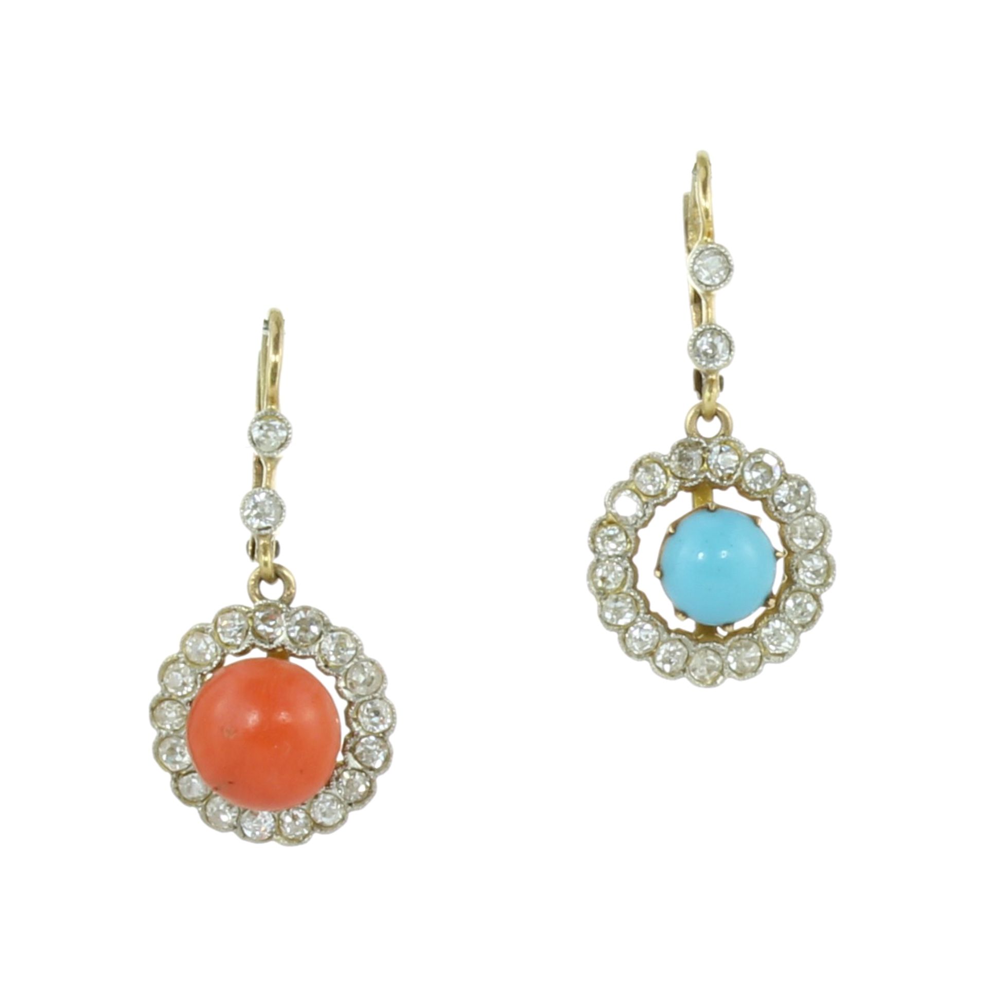 AN PAIR OF ANTIQUE INTERCHANGEABLE CORAL / TURQUOISE AND DIAMOND CLUSTER EARRINGS in high carat