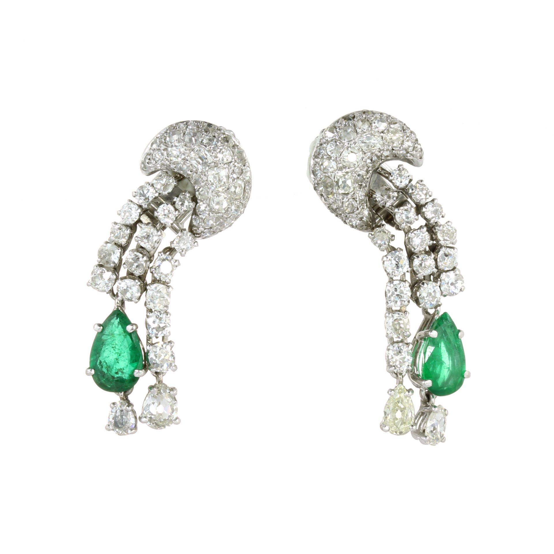 A PAIR OF EMERALD AND DIAMOND CLIP EARRINGS, PIERRE STERLÉ in 18ct white gold each set with a pear