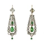 AN PAIR OF ANTIQUE PASTE 'EMERALD AND DIAMOND' EARRINGS, 18TH CENTURY in gold and silver, set with a