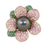 A PEARL, PINK SAPPHIRE, DEMANTOID GARNET AND DIAMOND FLOWER RING in 18ct white gold, in the style of