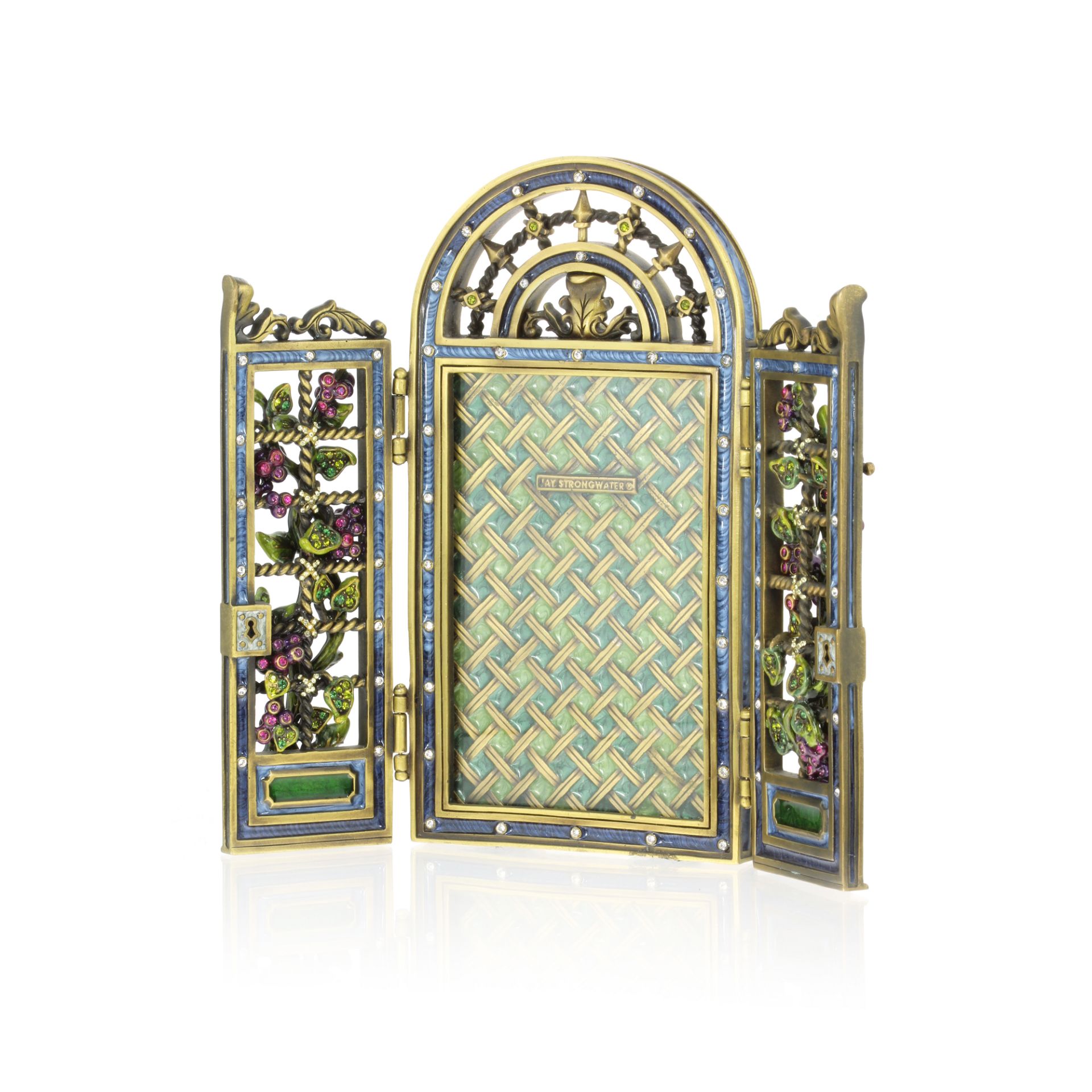 A JEWELLED PHOTOGRAPH FRAME, JAY STRONGWATER designed as an arch with folding double door front