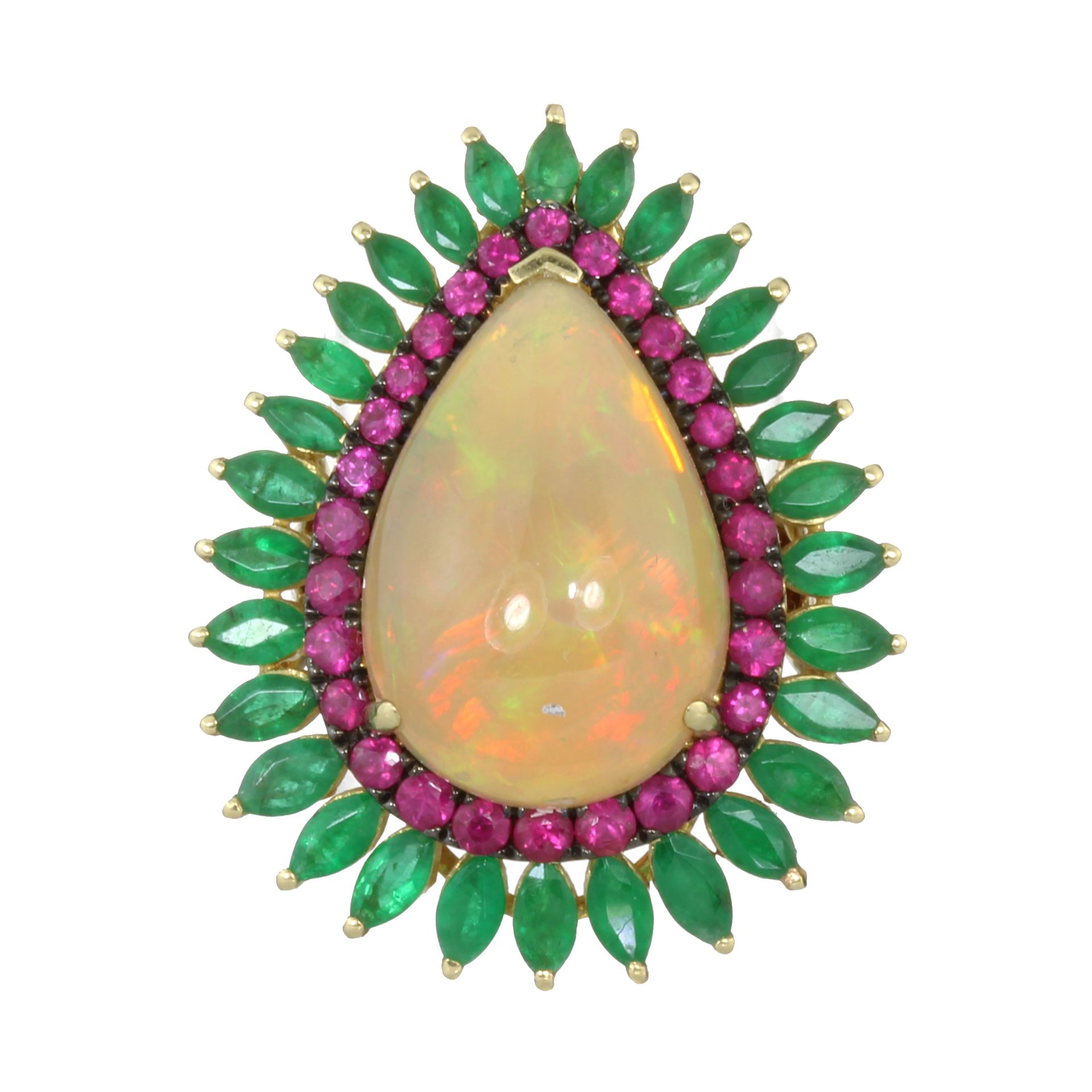AN ETHIOPIAN OPAL, RUBY AND EMERALD COCKTAIL RING in 18ct yellow gold set with a large, central pear