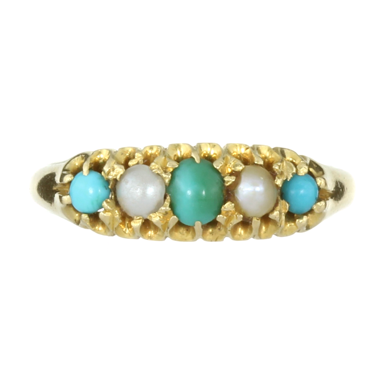 AN ANTIQUE TURQUOISE AND PEARL FIVE STONE RING, 1901 in 18ct yellow gold set with a single row of