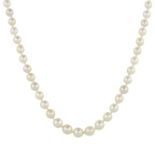 AN ANTIQUE PEARL AND DIAMOND NECKLACE in yellow gold comprising a single row of one hundred and