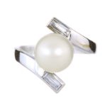 A NATURAL FRESHWATER PEARL AND DIAMOND RING in white gold or platinum, set with a central pearl of