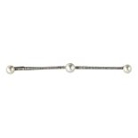 AN ANTIQUE PEARL AND DIAMOND BAR BROOCH in white gold or platinum, designed as a bar of single cut