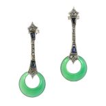 A PAIR OF ANTIQUE ART DECO JADE, SAPPHIRE AND DIAMOND EARRINGS in white gold or platinum, set with a