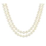 A TWO STRAND PEARL NECKLACE in white gold comprising two rows of one hundred and two pearls, on a
