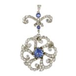 AN ANTIQUE CEYLON NO HEAT BLUE SAPPHIRE AND DIAMOND PENDANT in white gold or platinum, set with a