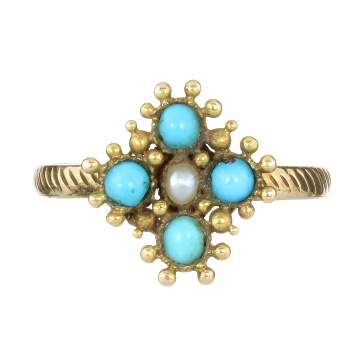 AN ANTIQUE TURQUOISE AND PEARL DRESS RING in yellow gold set with a central pearl surrounded by four