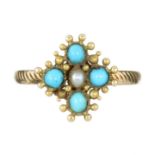 AN ANTIQUE TURQUOISE AND PEARL DRESS RING in yellow gold set with a central pearl surrounded by four