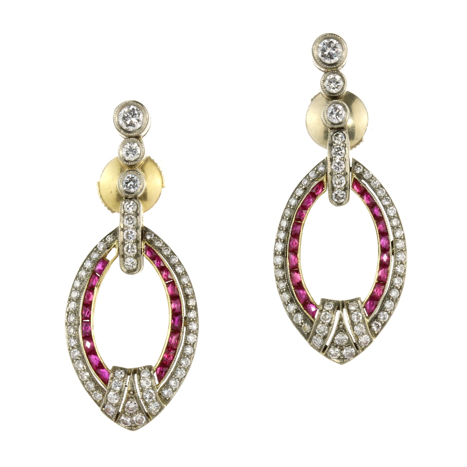 A PAIR OF ANTIQUE ART DECO RUBY AND DIAMOND EARRINGS in 18ct yellow gold and platinum each