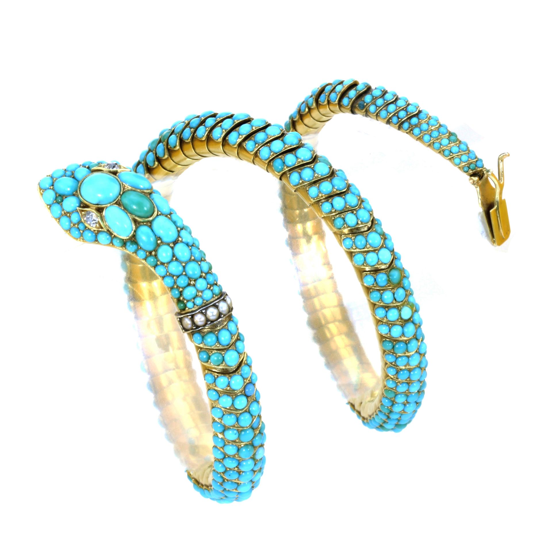 AN ANTIQUE TURQUOISE, PEARL AND DIAMOND SNAKE NECKLACE / BRACELET, 19TH CENTURY in high carat gold