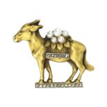 AN ANTIQUE DIAMOND AND PEARL DONKEY BROOCH in 18ct yellow gold modeled as a donkey standing on a