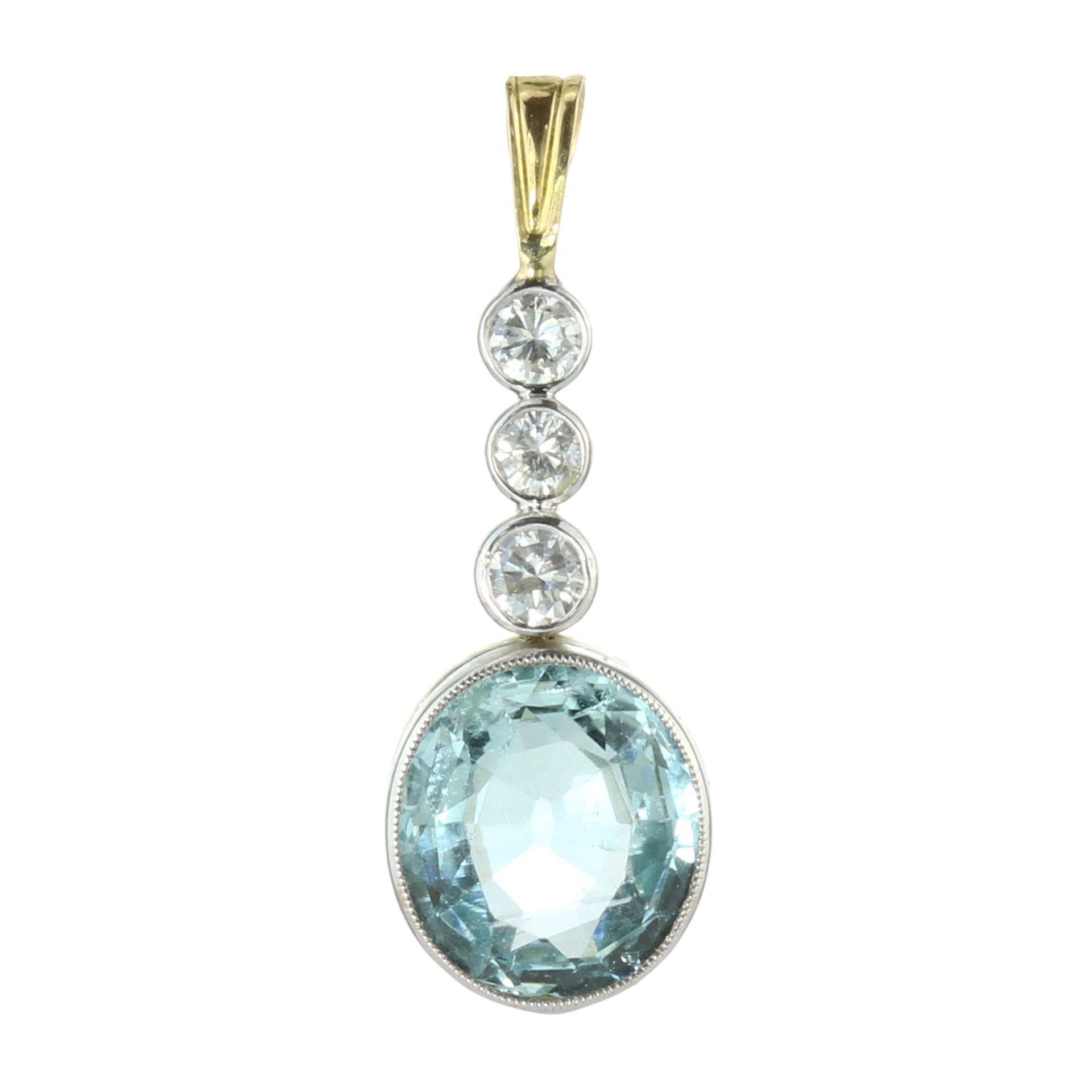 AN AQUAMARINE AND DIAMOND PENDANT in yellow and white gold, set with a central oval cut aquamarine