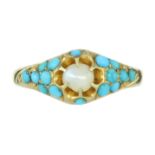 AN ANTIQUE TURQUOISE AND PEARL RING in high carat yellow gold, set with a central pearl of 4.6mm,