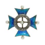 A PEARL, DIAMOND AND ENAMEL MALTESE CROSS BROOCH, CHILD AND CHILD 19TH CENTURY in silver, designed