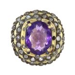 AN ANTIQUE ART DECO AMETHYST, SAPPHIRE AND DIAMOND RING, SPANISH in high carat yellow gold set