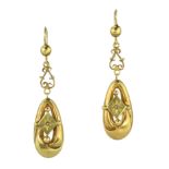 A PAIR OF ANTIQUE DIAMOND DROP EARRINGS in high carat yellow gold, each set with a rose cut