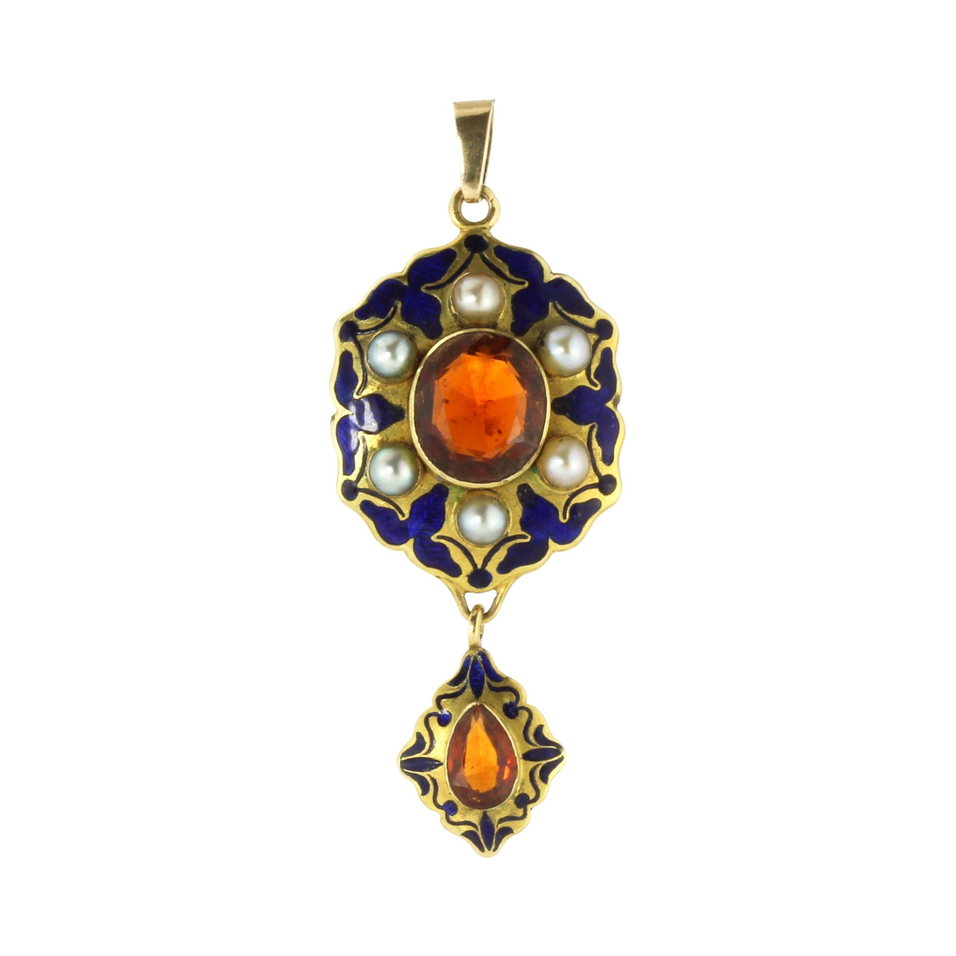 AN ANTIQUE GARNET, PEARL AND ENAMEL PENDANT set with a central oval cut garnet with a border of