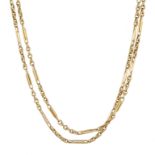 A FANCY LINK GOLD LONGCHAIN NECKLACE in yellow gold. Marked indistinctly, length 137cm, 34.9g.