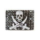 A BLACK AND WHITE DIAMOND 'JOLLY ROGER' RING in white gold or platinum, the rectangular face