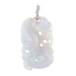 A CHINESE CARVED LILAC JADE AND DIAMOND PENDANT in white gold, the large carved piece of lilac