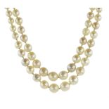 AN ANTIQUE TWO ROW PEARL, DIAMOND AND SAPPHIRE NECKLACE in white gold or platinum, comprising two