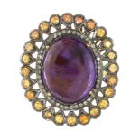 AN AMETHYST, DIAMOND AND CITRINE COCKTAIL RING in high carat gold and silver, set with a large