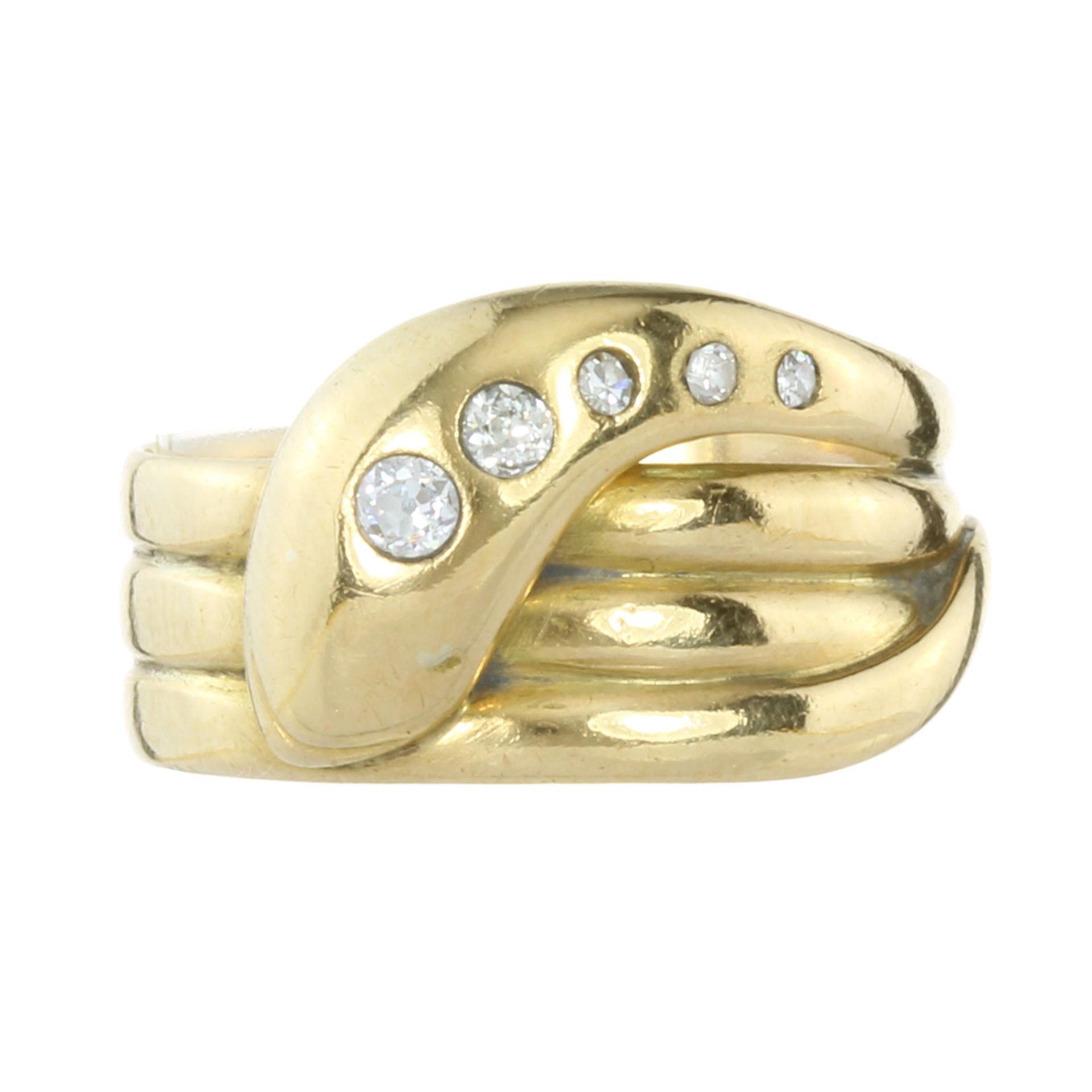 AN ANTIQUE DIAMOND SNAKE RING, 1918 in 18ct yellow gold designed as the body of a snake coiled