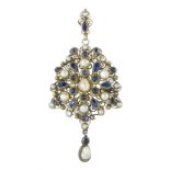 AN ANTIQUE PEARL AND SAPPHIRE PENDANT / BROOCH in silver, the main body set with a central pearl