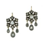 A PAIR OF ANTIQUE ROSE CUT DIAMOND EARRINGS in high carat yellow gold and silver designed as a