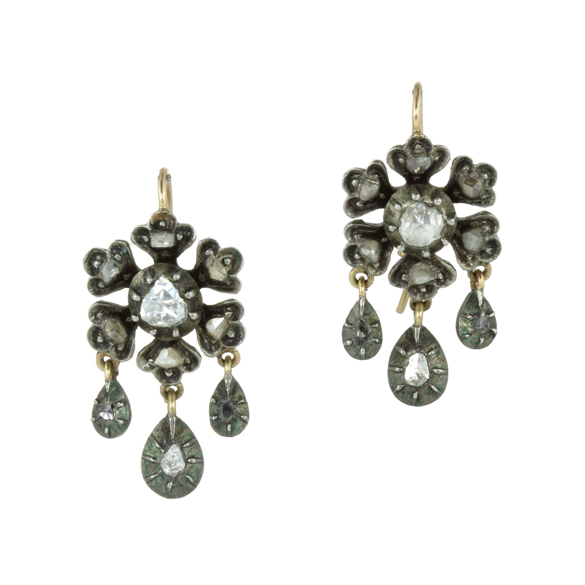 A PAIR OF ANTIQUE ROSE CUT DIAMOND EARRINGS in high carat yellow gold and silver designed as a