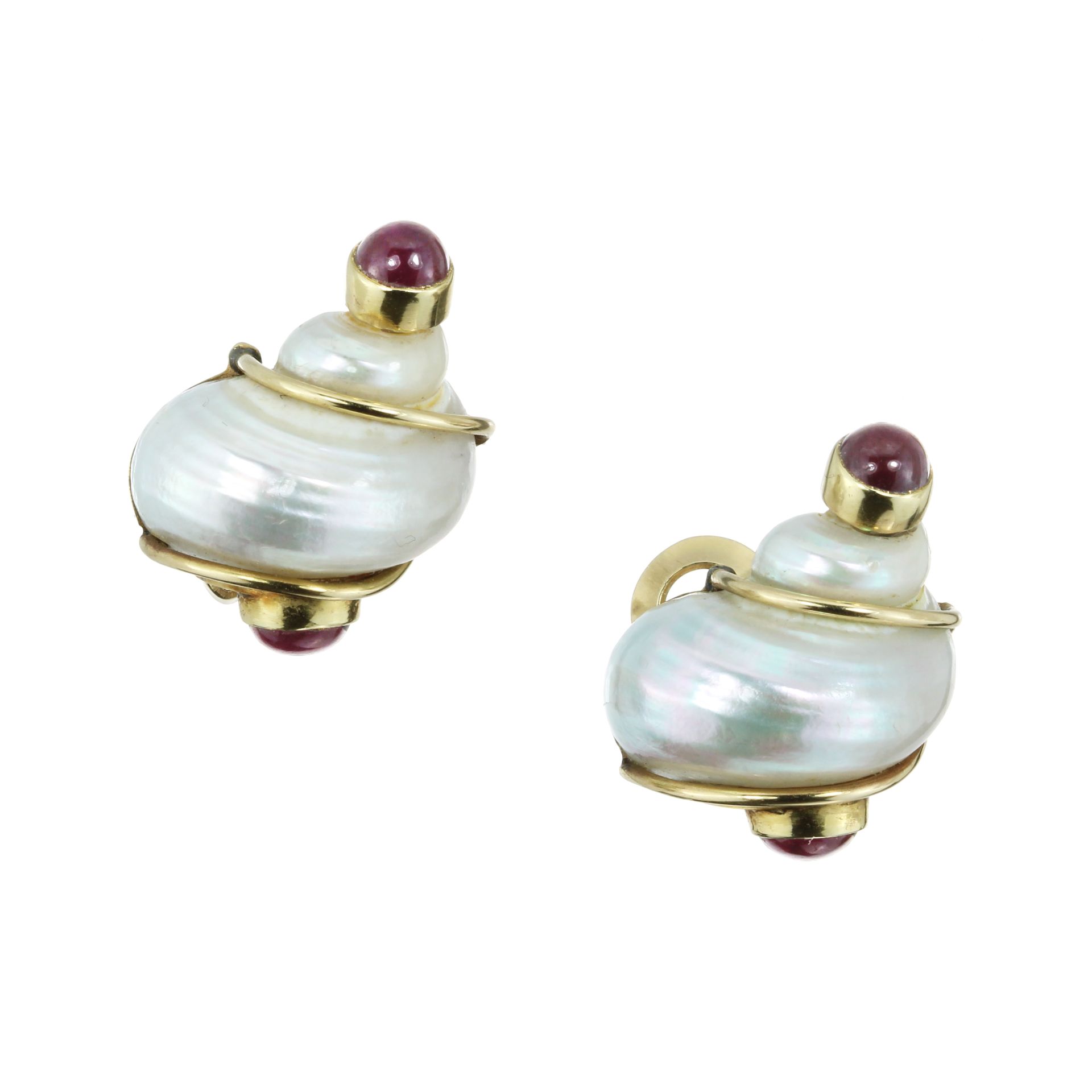 A PAIR OF TURBO SHELL AND RUBY CLIP EARRINGS, SEAMAN SCHEPPS in 14ct yellow gold, each designed with