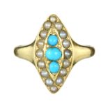 AN ANTIQUE TURQUOISE AND PEARL DRESS RING in high carat yellow gold set with a trio of turquoise