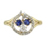 AN ANTIQUE FRENCH BLUE SAPPHIRE AND DIAMOND DRESS RING in high carat yellow gold set with two blue