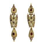 A PAIR OF ANTIQUE GARNET EARRINGS, CATALAN CIRCA 1790 in high carat yellow gold, each formed of