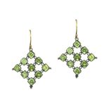 A PAIR OF PERIDOT EARRINGS in gold and silver, each set with an arrangement of nine step cut