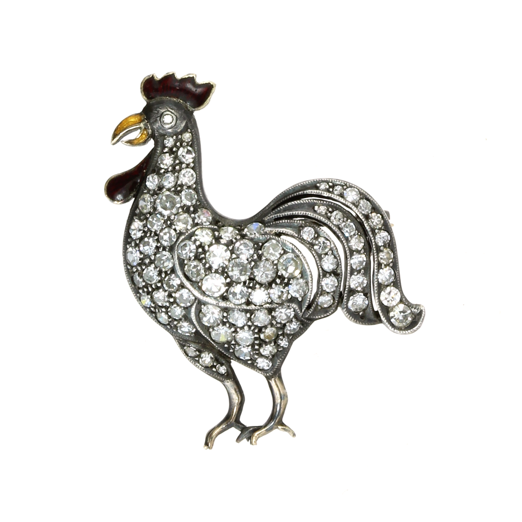 AN ANTIQUE DIAMOND AND ENAMEL COCKEREL BROOCH, 19TH CENTURY in yellow gold and silver, designed as a